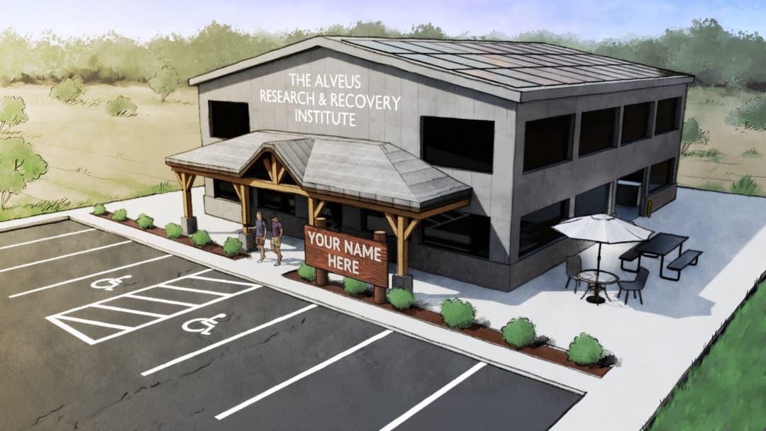 Rendering of the Alveus Research & Recovery Institute building with donor recognition signage