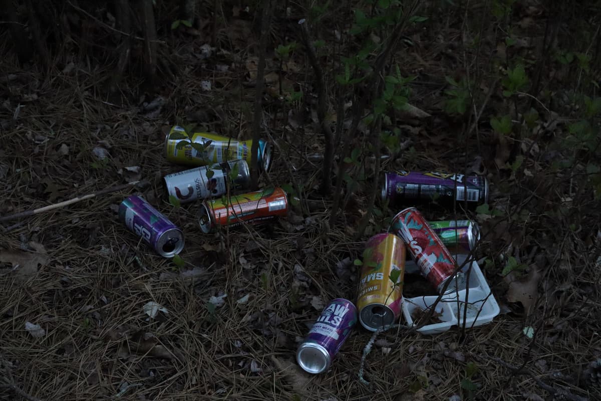 An assortment of cans and trash on the forest floor