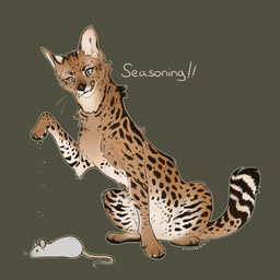 fan-art featuring the serval ambassador sitting and licking his lips in anticipation with a paw up seasoning his dead rat snack