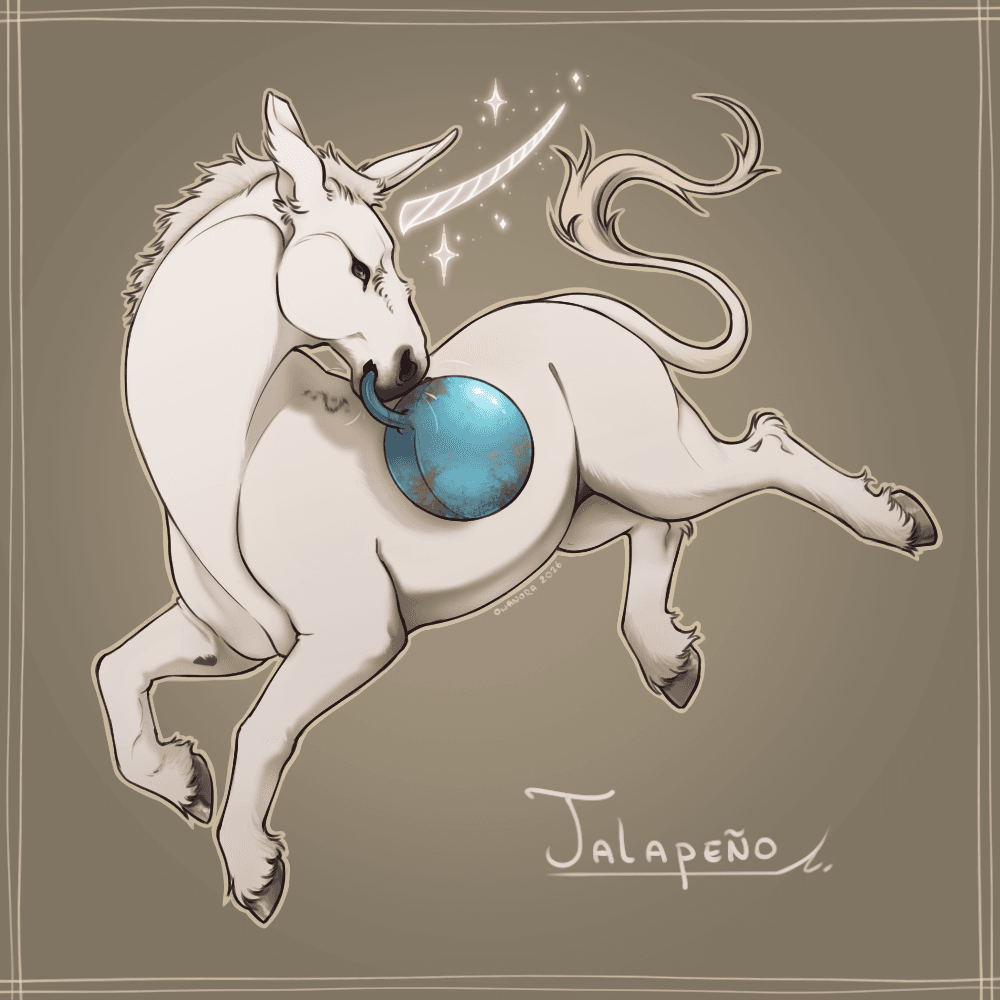 Fan-art featuring Jalapeno having a little jump toward the left with his head turned toward the right, holding his blue ball. Has a few sparkles with a unicorn horn floating in white glow due to his surname "The Unicorn" 