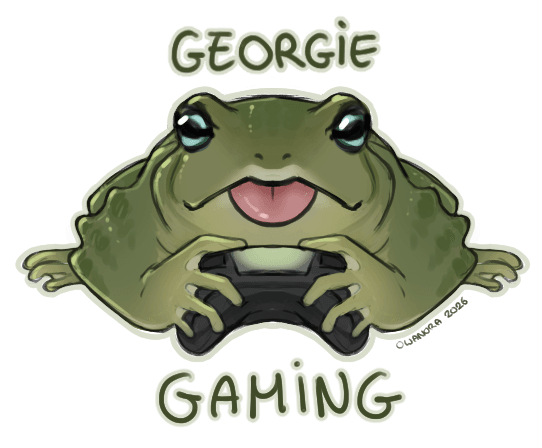 Fan-art featuring Georgie fronting the camera with his tongue out and a tiny controller between his front legs.