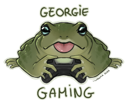 Fan-art featuring Georgie fronting the camera with his tongue out and a tiny controller between his front legs.