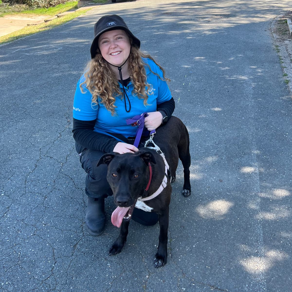 A woman walking a black-and-white shelter dog named Roxy.